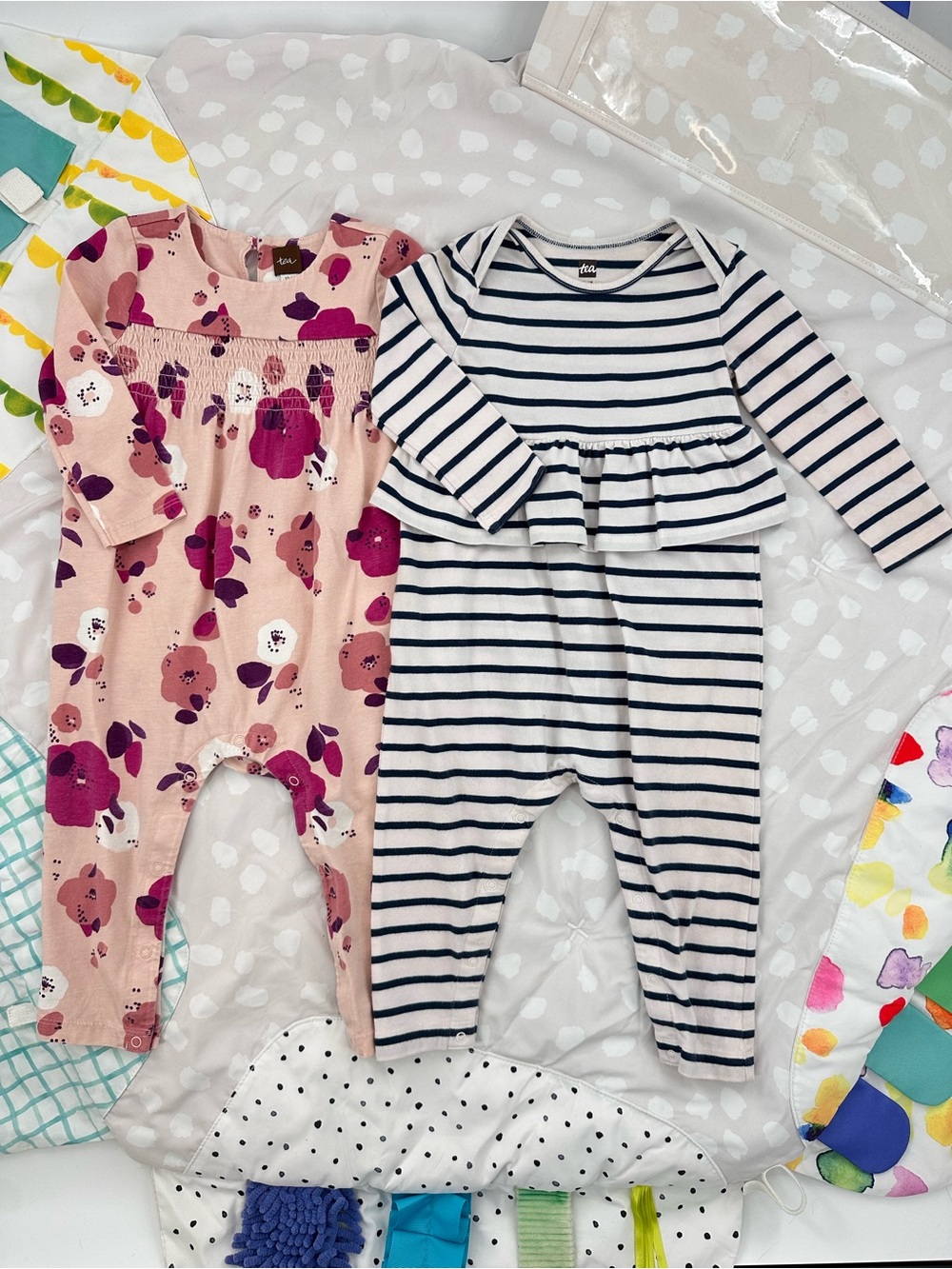 Tea Collection Baby Girl Pink Floral & Striped Romper Bundle Size 12-18 Months